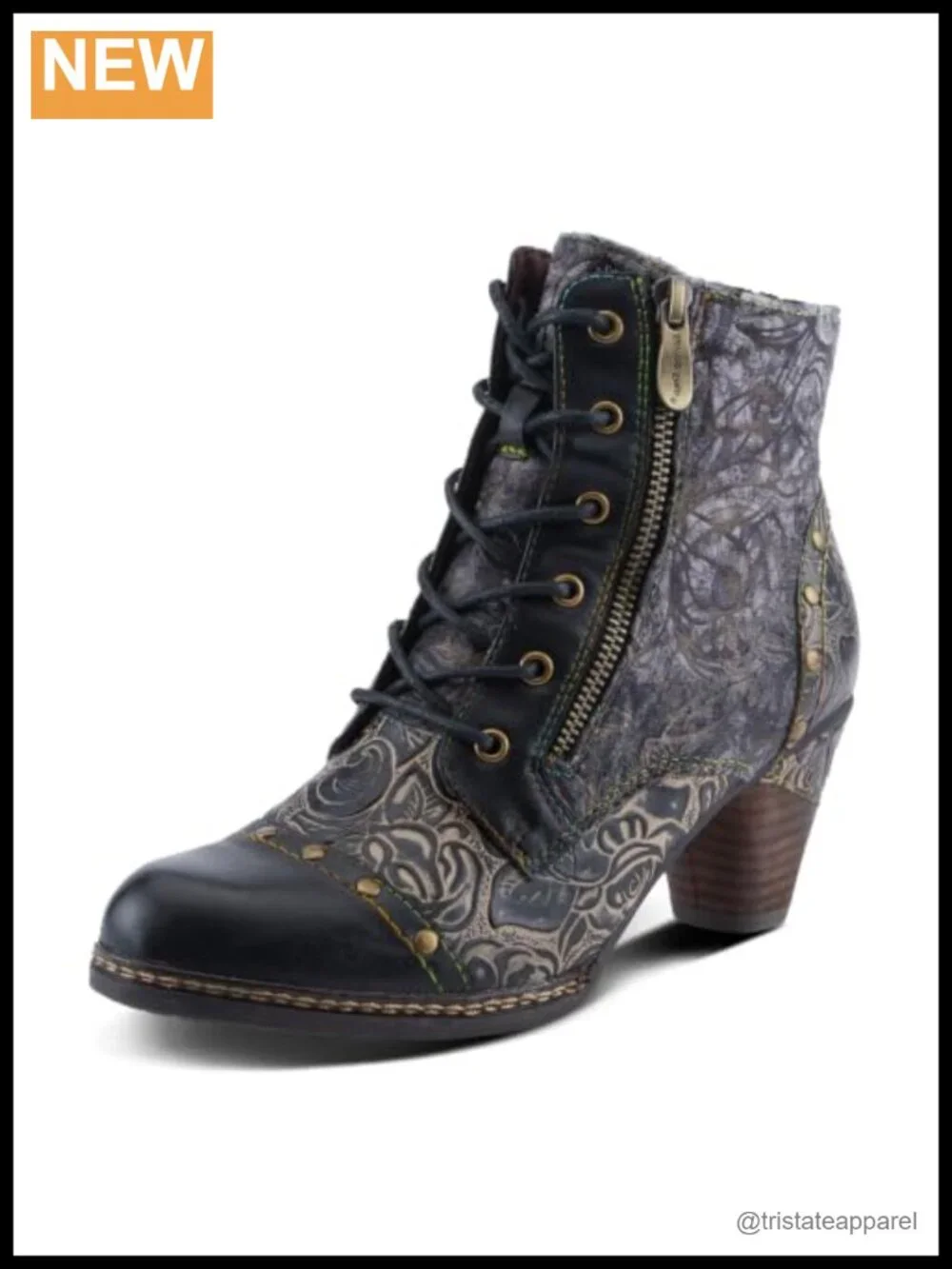 Women's Velvet Ankle Booties Stacked Heel Lace-Up Side Zip Floral